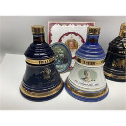 Bells, Scotch whisky, in seven Wade ceramic decanters, to include 50 year reign HM Queen Elizabeth II, Ninetieth Birthday of the Queen mother, 1991 year of the sheep, etc, together with two empty decanters and other items 