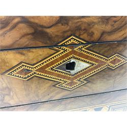 Victorian mahogany writing slope, the brass bound hinged cover opening to reveal tooled leather and gilt interior with two glass inkwells, together with a similar parquetry inlaid writing slope, with central mother of pearl inlay enrgraved 'Sarah', tallest H17cm 