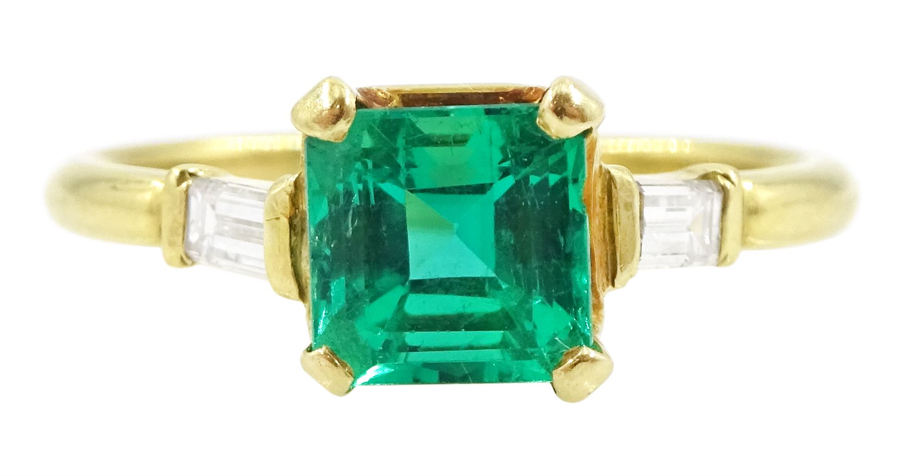 18ct gold three stone square cut emerald and baguette cut diamond ring, hallmarked, emerald approx 1.35 carat