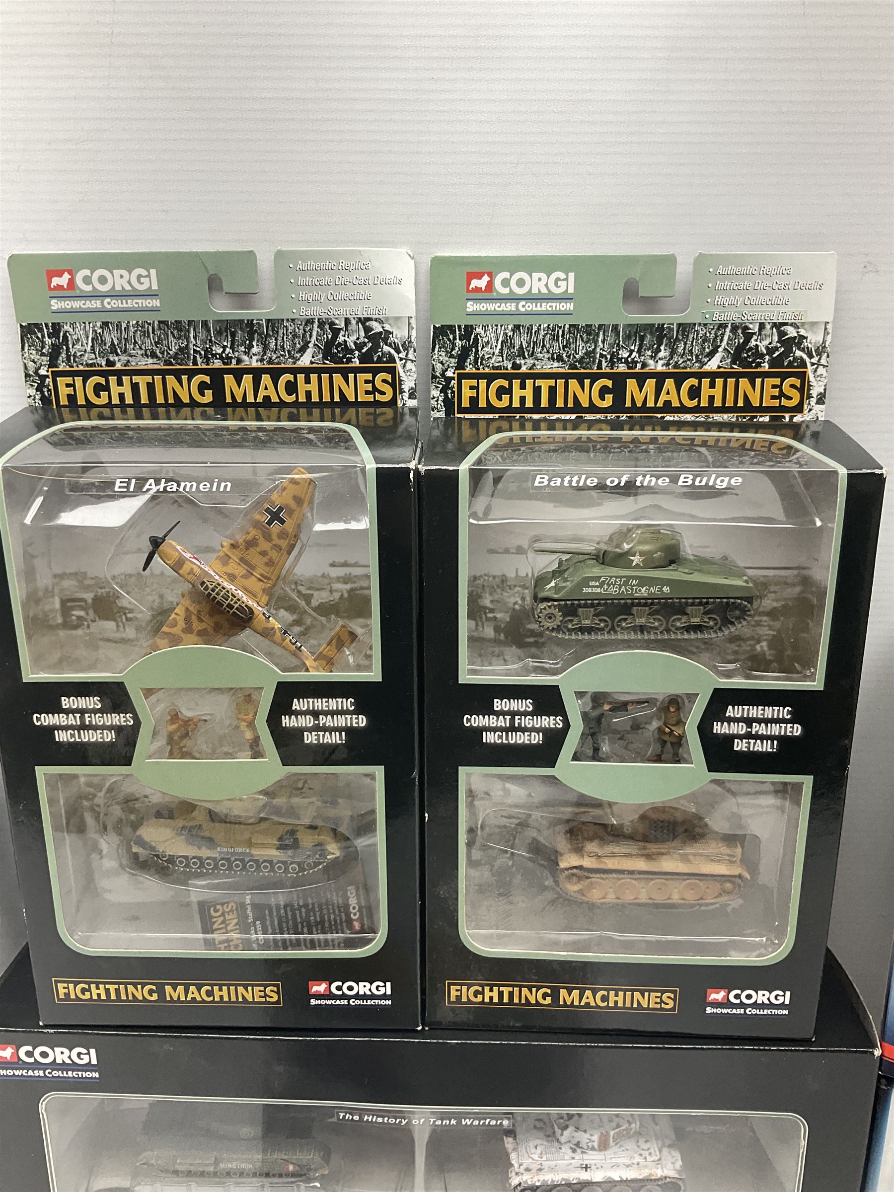Corgi - twenty-six Showcase Collection 'Fighting Machines' for tank warfare including four-model pack, three two-model packs, WWII Legends, D-Day 60th Anniversary etc; all boxed (26)