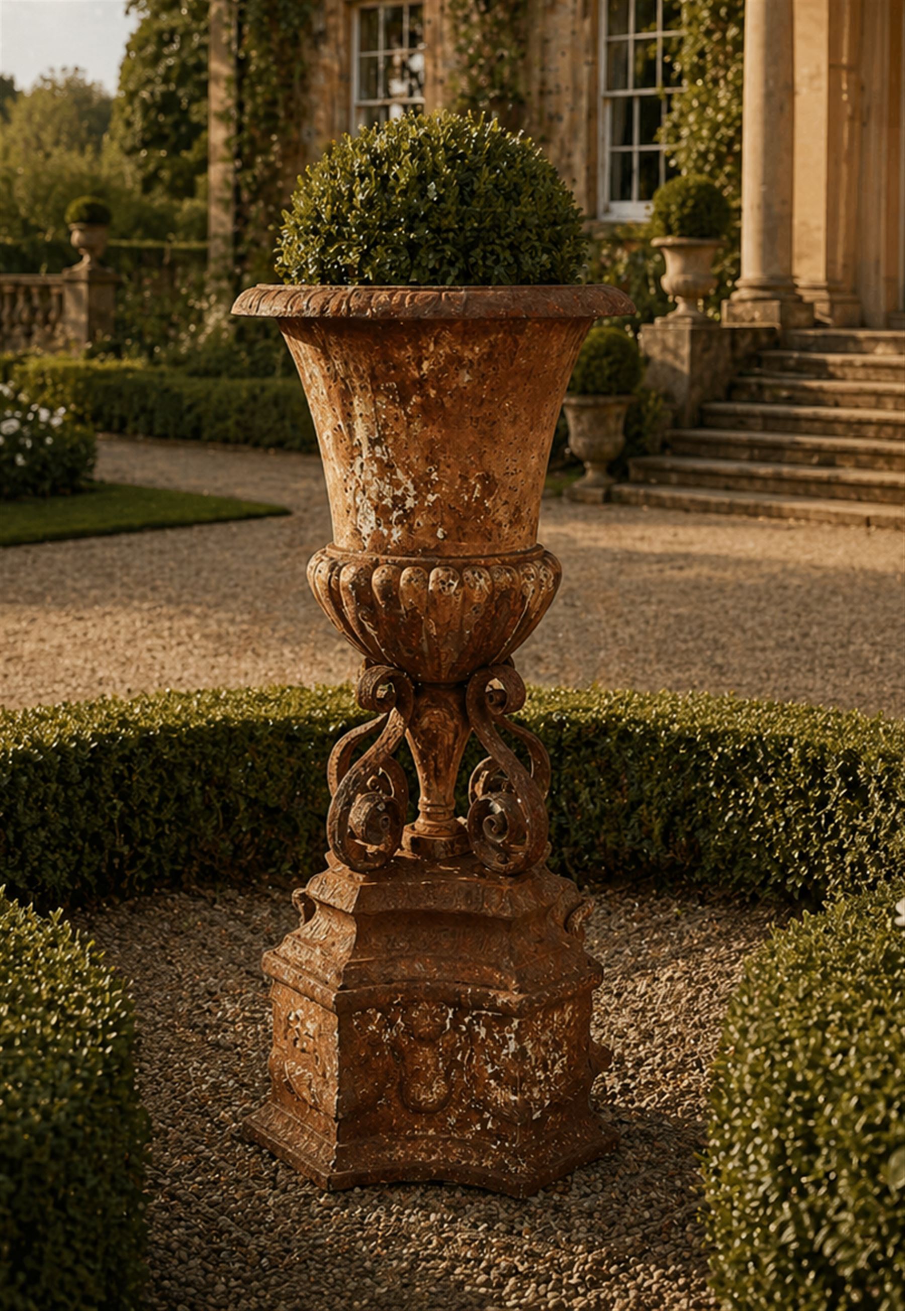 Victorian cast iron campana form centrepiece urn, flared egg and dart rim with lobed underside above S-scroll supports, raised on a decorated quatrefoil plinth base with stylized mask relief garlands and acanthus detailing, in a bare weathered condition