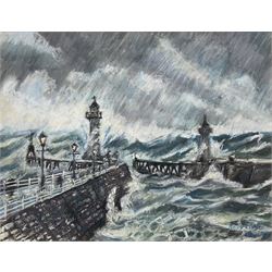 Andy Liddle (British Contemporary): Whitby Piers, pastel signed and dated May '97, 35cm x 45cm