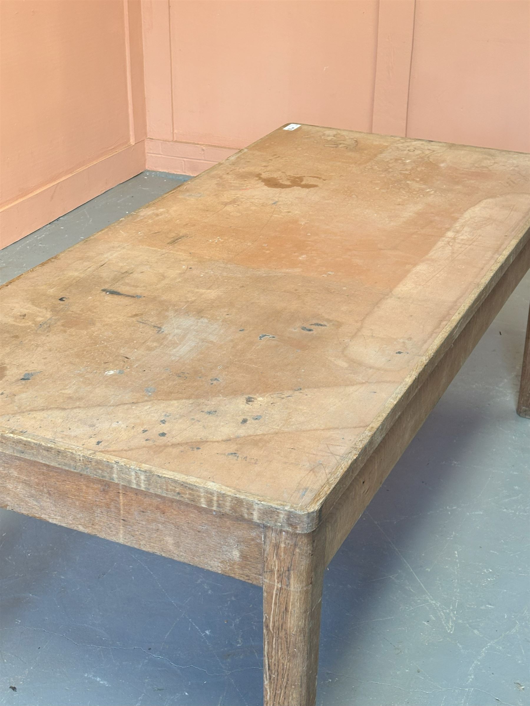 Early 20th century oak dining table, the rectangular top inset with compressed fibre panel, raised on tapered supports. H77cm, 183cm x 85cm. - COLLECTION BY APPOINTMENT FROM: The White House, Thirsk Road, Easingwold, York, YO61 3NF - CALL 01723 507111 TO ARRANGE