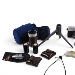 Camera accessories including Leitz projector lens, etc and two Olympus trip 35mm cameras