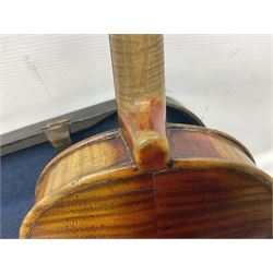 Late 19th century French three-quarter size 'Conservatory' violin with 34cm two-piece maple back and ribs and spruce top, the peg box inscribed 'Conservatory Violin Straduari', bears label 'Antonius Stradiuarius Cremonensis Faciebat Anno 1721' L55.5cm overall; in ebonised wooden 'coffin' case