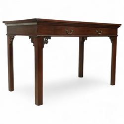Late 18th century mahogany serving table, rectangular top over single frieze drawer with brass swing handles, pierced fretwork brackets, on square supports