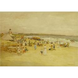  John Atkinson (Staithes Group 1863-1924): A Busy Day on the Beach at 'Whitley Bay', watercolour signed titled and dated '08, 38cm x 54cm  