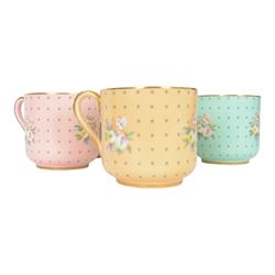 Spode six coffee cups and saucers cased set, decorated with floral sprigs on a polka dot ground with gilt detail