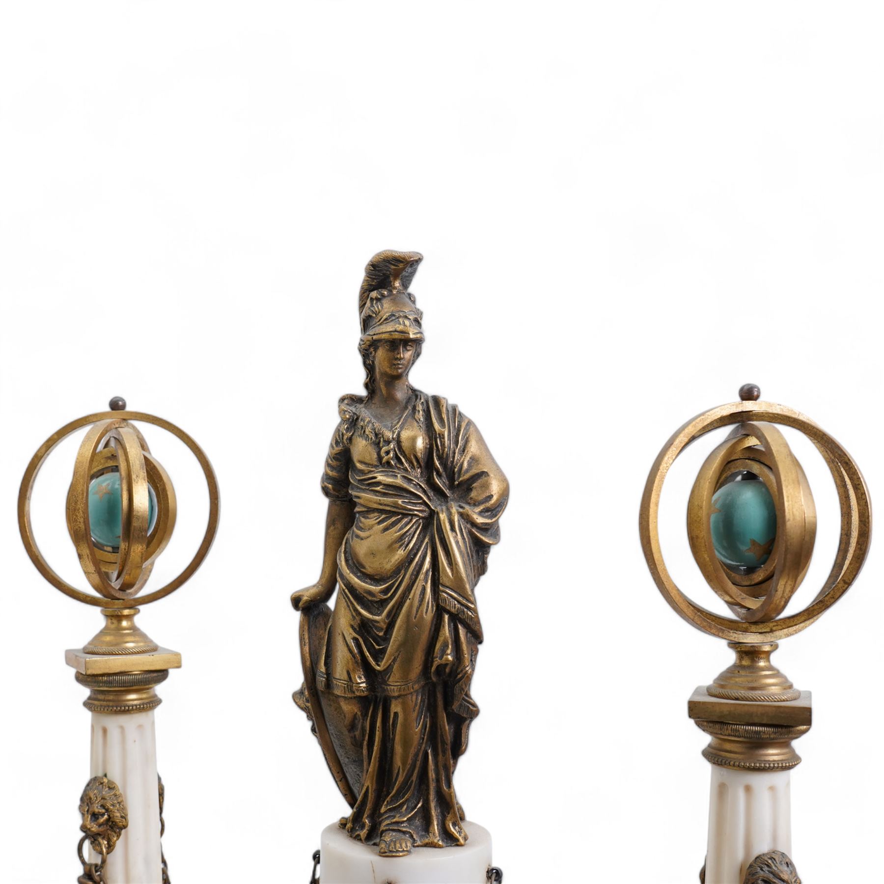 Chevallier of Paris - An early 19th century French Louis XV style white marble and gilt mounted portico clock surmounted by a figure from classical antiquity, with a drum case supported on a pair of reeded and tapered supports with celestial finials raised on a rectangular plinth base, with a white enamel dial with Roman numerals, five minute Arabic's, minute track and makers name,  8-day twin train countwheel movement with a silk suspension, striking the hours and half hours on a bell. 
With pendulum.