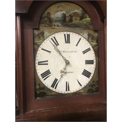 Victorian inlaid mahogany longcase clock, the hood with swan neck pediment and turned pilasters, Roman dial painted with country scene and signed 'Wm Kneeshaw, Pickering', 30-hour movement striking on a bell, H227cm (with weight and pendulum (suspension damaged))