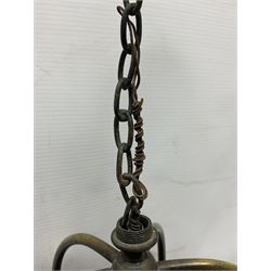 Victorian brass and stained leaded glass hall lantern, of hexagonal form, supported by four domed arms and pierced fret, H46cm W20cm