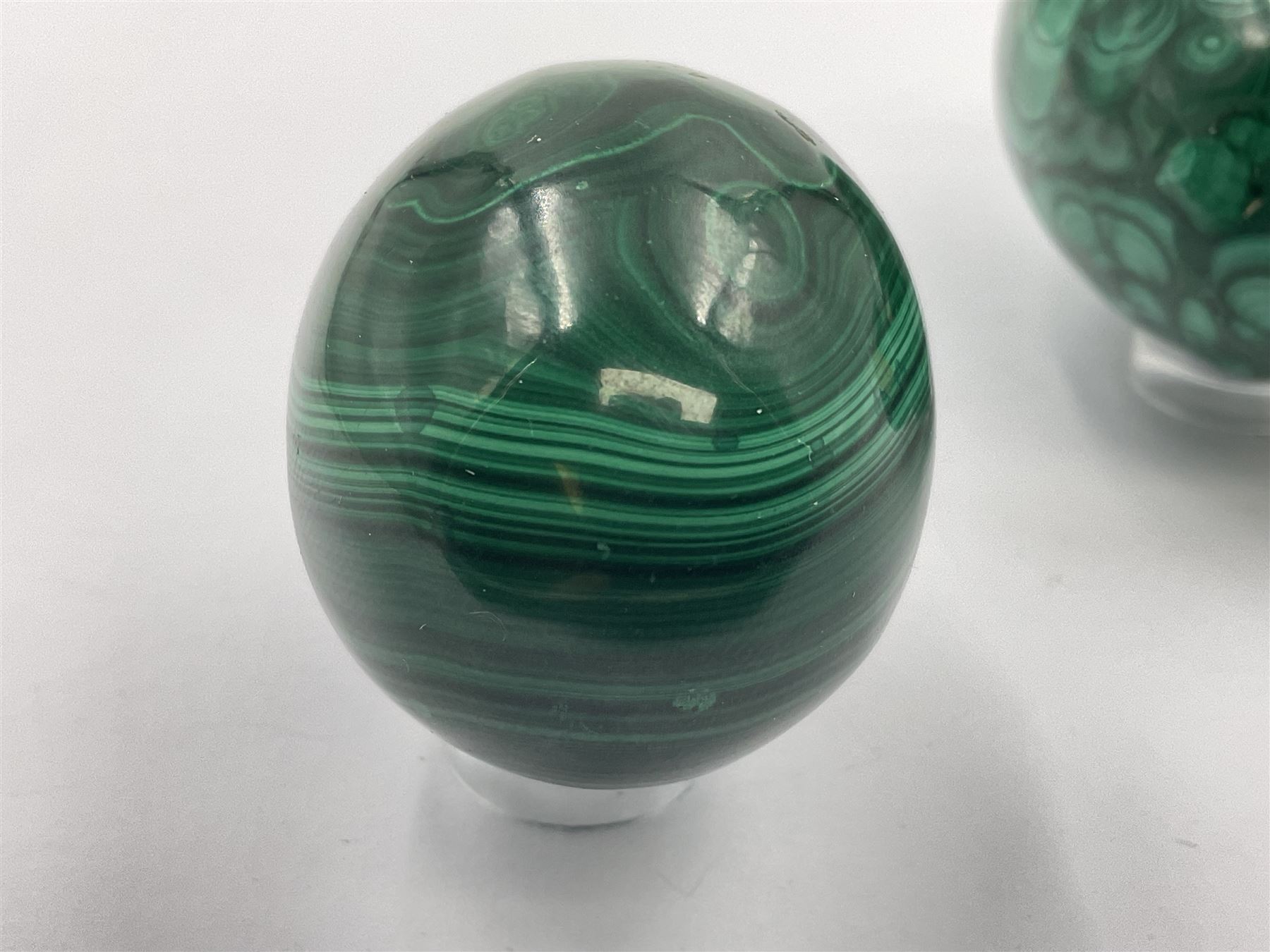 Three malicate specimen eggs, originally part of the collection of the late Stanley J Seeger, largest H7cm