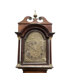 8 day mahogany longcase clock c1790 - with a swans neck box top and brass finial above a break arch pediment and hood door, free standing pilaster with Corinthian capitals, trunk with a wavy topped door on a rectangular plinth with an applied decorative skirting, brass dial with 