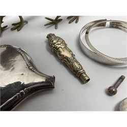 Silver mounted dressing table brush and hand held mirror (a/f), hallmarked for Birmingham, and a silver handle also hallmarked for Birmingham, together with a selection of other items, including two metal figures of pheasants, metal cruets in the form of birds, etc., in one box 