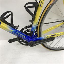 Colnago Dream aluminium time trial bike - Colnago steel forks, Campagnolo chorus carbon seat post with Campagnolo clamp, Mavic open pro rims with Campagnolo chorus hubs DT Swiss spokes, Selle Italia carbonio saddle, Campagnolo centaur skeleton calliper brakes, Campagnolo chorus ultra-torque cracks and bottom bracket with rotor elliptical chain rings, Campagnolo record derailleurs, Campagnolo record carbon levers, 12cm ITM aluminium stem, Oval Concept aluminium bars