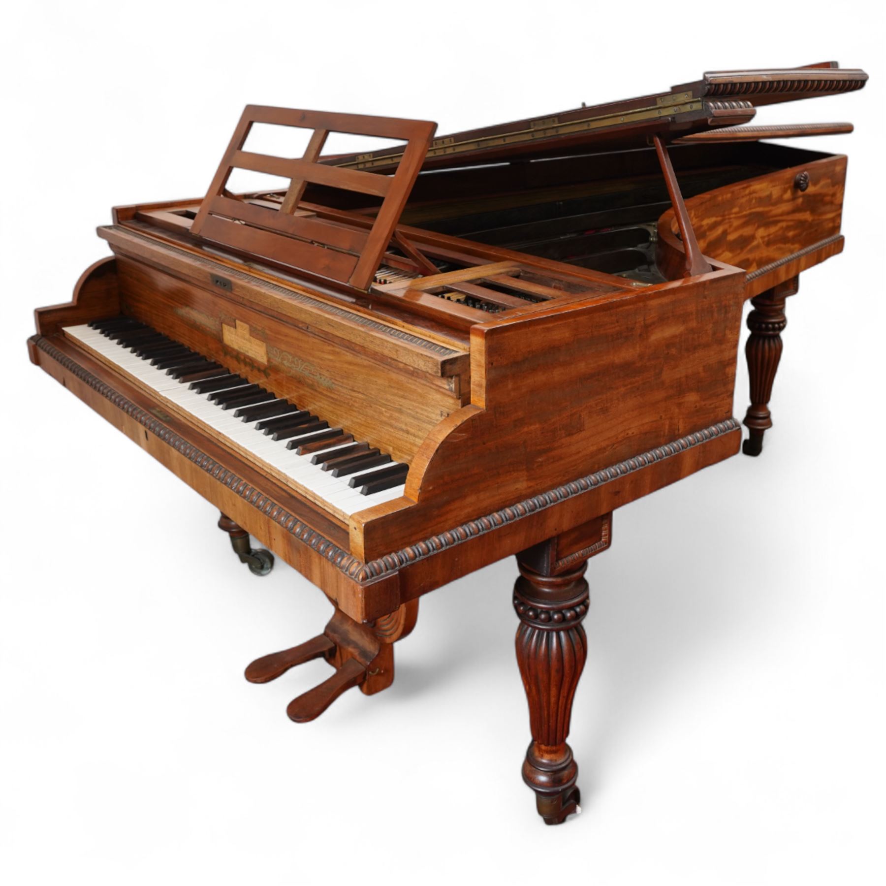 Early 19th century Grand Piano by John Broadwood & Son, London 1828.
Straight strung Broadwood “Barr Frame” Grand Piano with four steel braces from the wrest plank to the brass hitchpin plate. Partially re-strung with one string missing and some tuning pins loose, bridges in good condition, soundboard with cracks, action requires some adjustment and attention, six octave keyboard, with 73 keys C1-C7, with ivory naturals and ebony sharps, Lyre with sustain and una-chorda pedals, mahogany case with brass inlay and makers name to the double key-fall, adjustable open lattice music desk with egg and dart moulding to the surround of the case and lid, raised on reeded and tapered legs with castors. 

 You can find and listen to examples of Alan Cuckston playing this particular Broadwood Grand Piano in the links below:
Trio in D Minor Op. 25 by Francis Edward Bache
Gladiolus Rag by Scott Joplin
Sonata for Violin and Piano No.1 in G Minor by George Frederick Pinto

Given the intricate nature of these historic instruments, specialist support will be available if required, to assist successful buyers with safe removal and onward handling. Price upon application. 


This item has been registered for sale under section 10 of the APHA Ivory Act Submission Reference: 1N7BA84E
