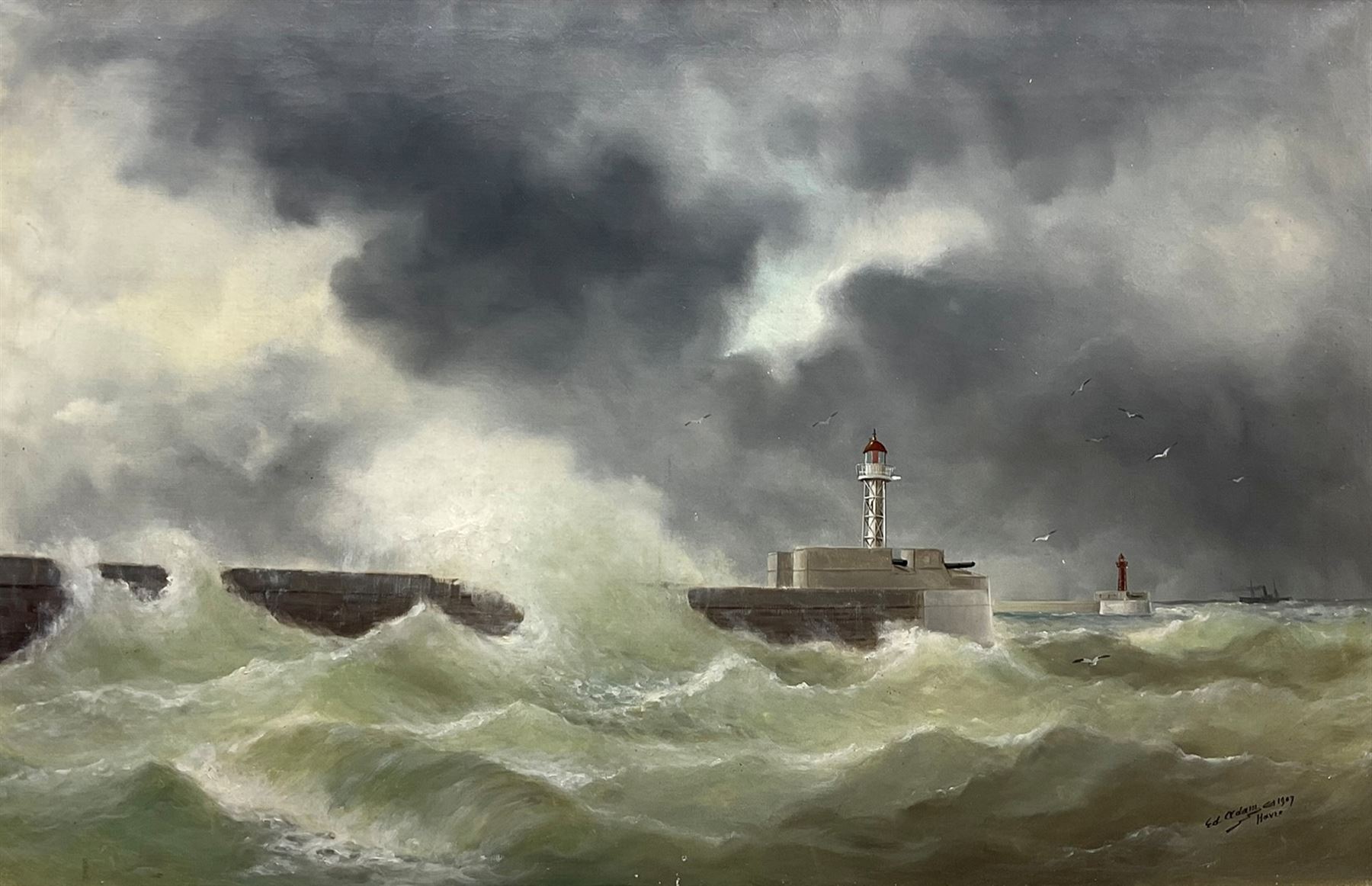 Edouard Adam (French 1847-1929): Lighthouses at 'Le Havre', oil on canvas signed titled and dated 1907, 59cm x 91cm