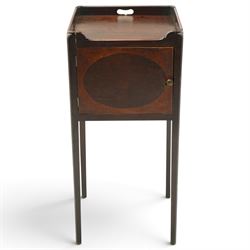George III mahogany bedside pot cupboard, rectangular tray top with raised three-quarter g...