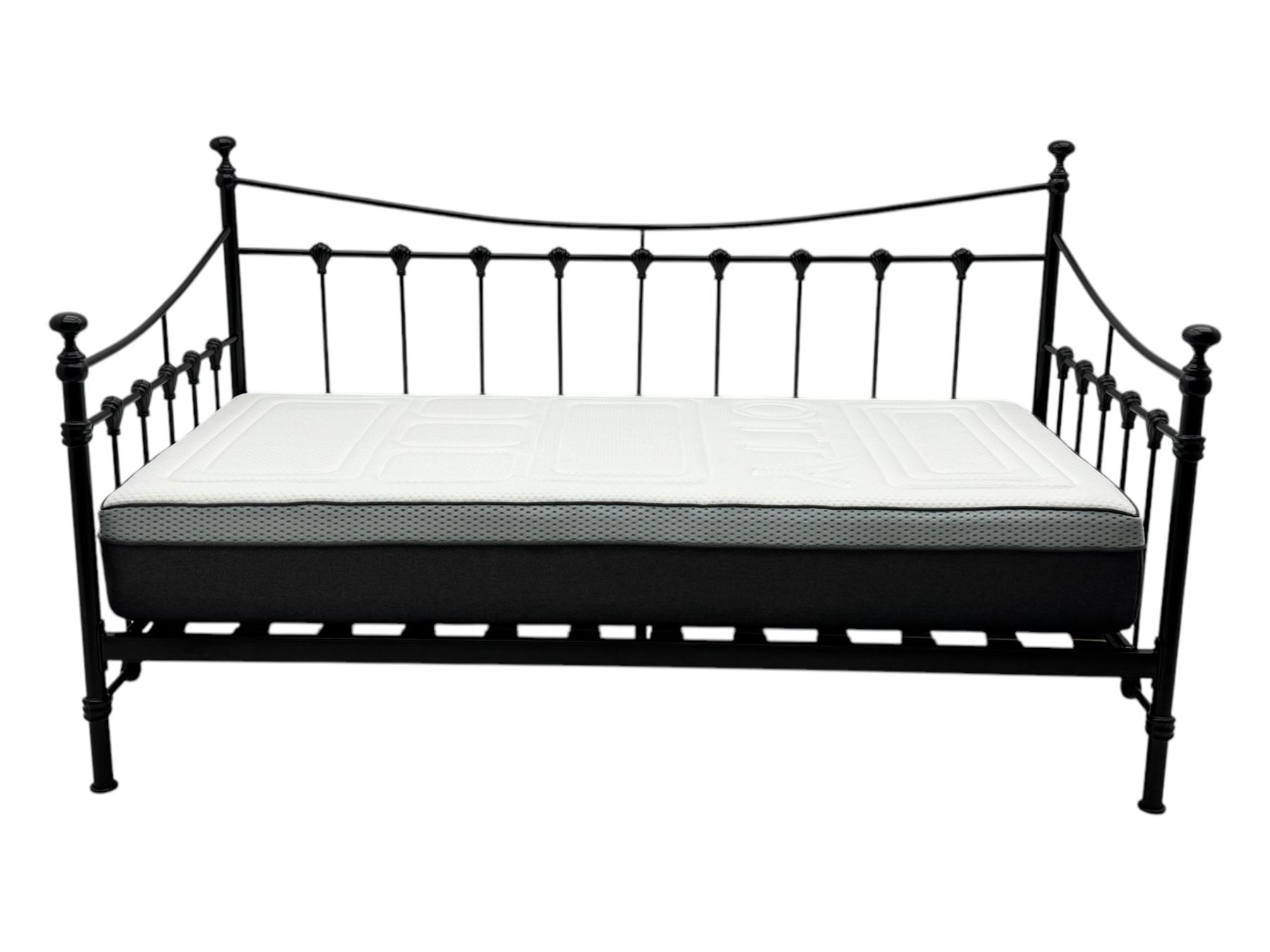 Contemporary Victorian revival black metal day bed, featuring arched back and sides with turned finials and spindle rails, complete with single 'OTTO' mattress