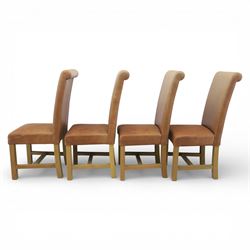 Modern large oak plank top dining table and twelve brown leather high back chairs, table of rustic construction five solid planks with exposed supports, the chairs in brown leather hide with ten standard height and a pair of taller chairs for the foot and head of the table