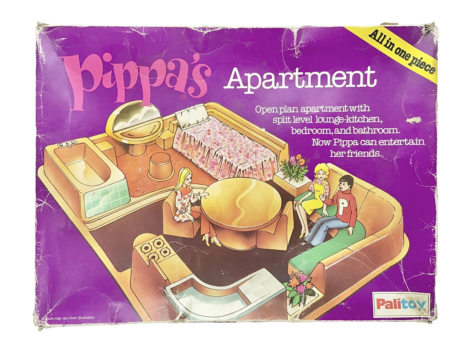 Palitoy Pippa's Apartment with split-level lounge-kitchen, bedroom and bathroom and two dolls: boxed