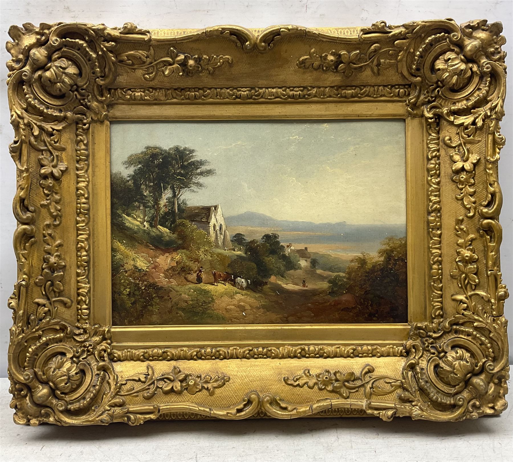 English School (19th century): 'The Church of St Ishmael - Bay of Carmarthen near the Worms Head', oil on board inscribed verso, in ornate moulded gilt frame 24cm x 34cm 
