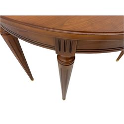 Contemporary cherry wood demi-lune console table, on tapering turned supports with fluting