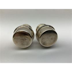 Pair of miniature hallmarked silver cruets, in fitted box, together with a pair of hallmarked silver sugar tongs, approximate total silver weight 38 grams