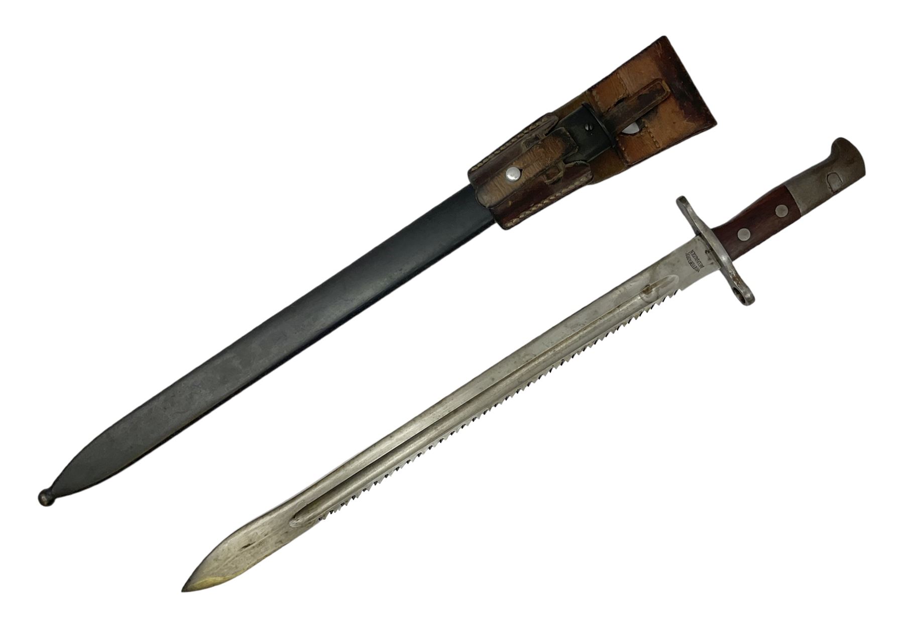 Swiss Schmidt-Rubin M1914 pioneer bayonet, with 48cm steel saw-back blade, the ricasso stamped, ''Waffenfabrik, Neuhausen'', the crosspiece stamped Swiss cross, steel scabbard, leather frog L64cm overall