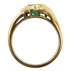 Gold green stone set ring, with diamond set shoulder, stamped 10K