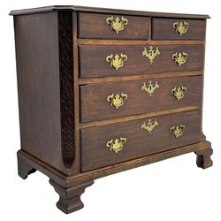 George III Chippendale design mahogany chest, moulded rectangular top with canted corners, wide canted uprights with blind fretwork decoration, two short and three long with moulded fronts, shaped brass handle plates, on ogee bracket feet 