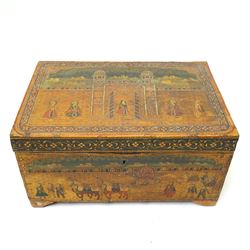 Indian box, painted with figures outside a palace gate, and with various animals 