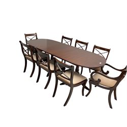 Regency design mahogany extending dining table, oval top with crossbanding; and set eight (6+2) Regency design dining chairs chairs, raised on sabre supports