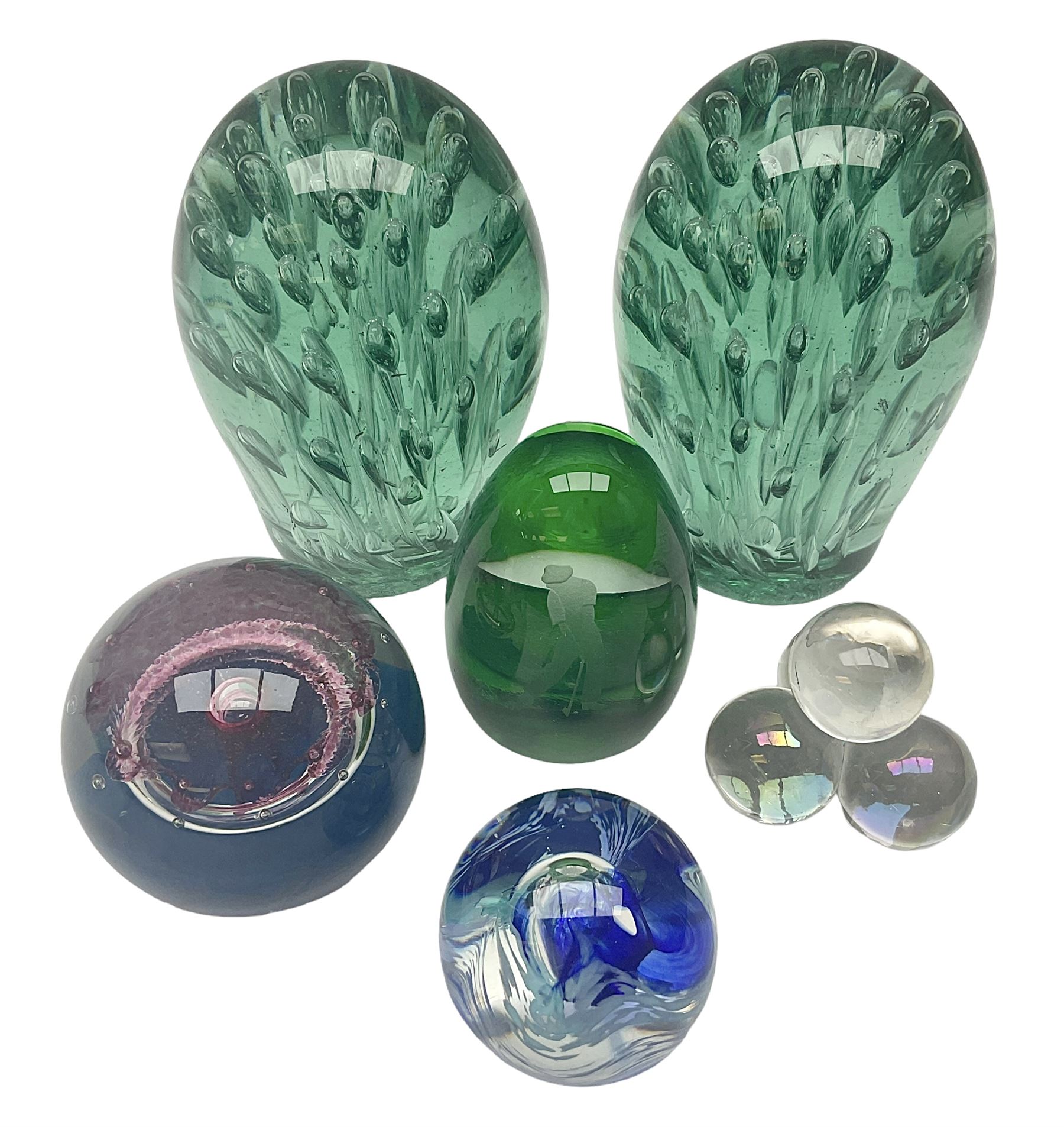 Pair of Victorian green glass dump paperweights with air bubble inclusions, together with Caithness paperweight and three other paperweights, dump H15cm