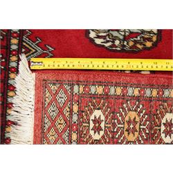 Afghan Bokhara crimson ground carpet, the field decorated with eight Gul motifs with surrounding geometric woven guard bands