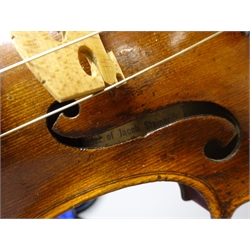  19th century German Stainer violin with 36cm two-piece maple back impressed Stainer, maple ribs and spruce top, bears label 'Model of Jacob Stainer Made in Germany', L58.5cm, in modern carrying case with bow  