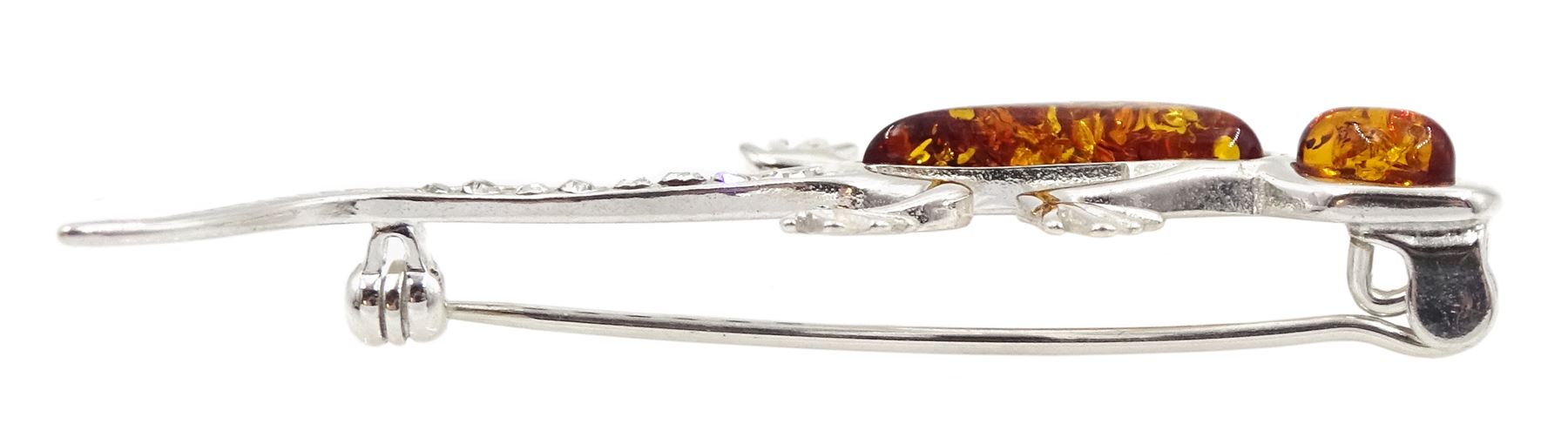Silver Baltic amber and cubic zirconia lizard brooch, stamped 925 
