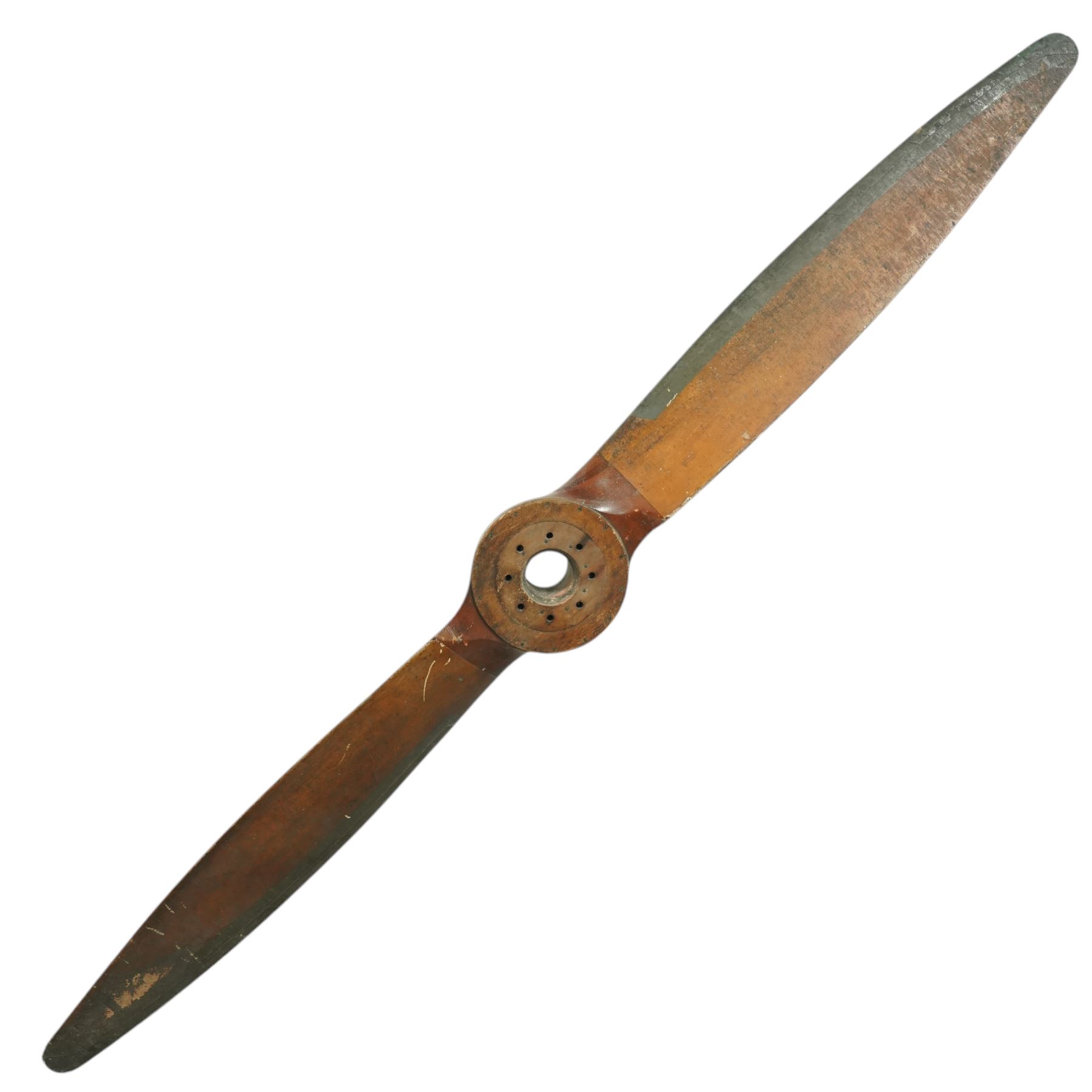  WWII aircraft wooden aircraft propellor with aluminium blade edges, possibly from a De Havilland Gipsy, propellor stamped 