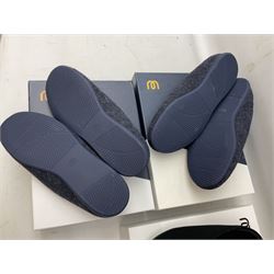 Three pairs of Mahabis slippers, comprising 'Classic 2 Navy' size EU43, 'Outdoor black' size EU40 and Classic 2 Navy' size EU46, all new in box