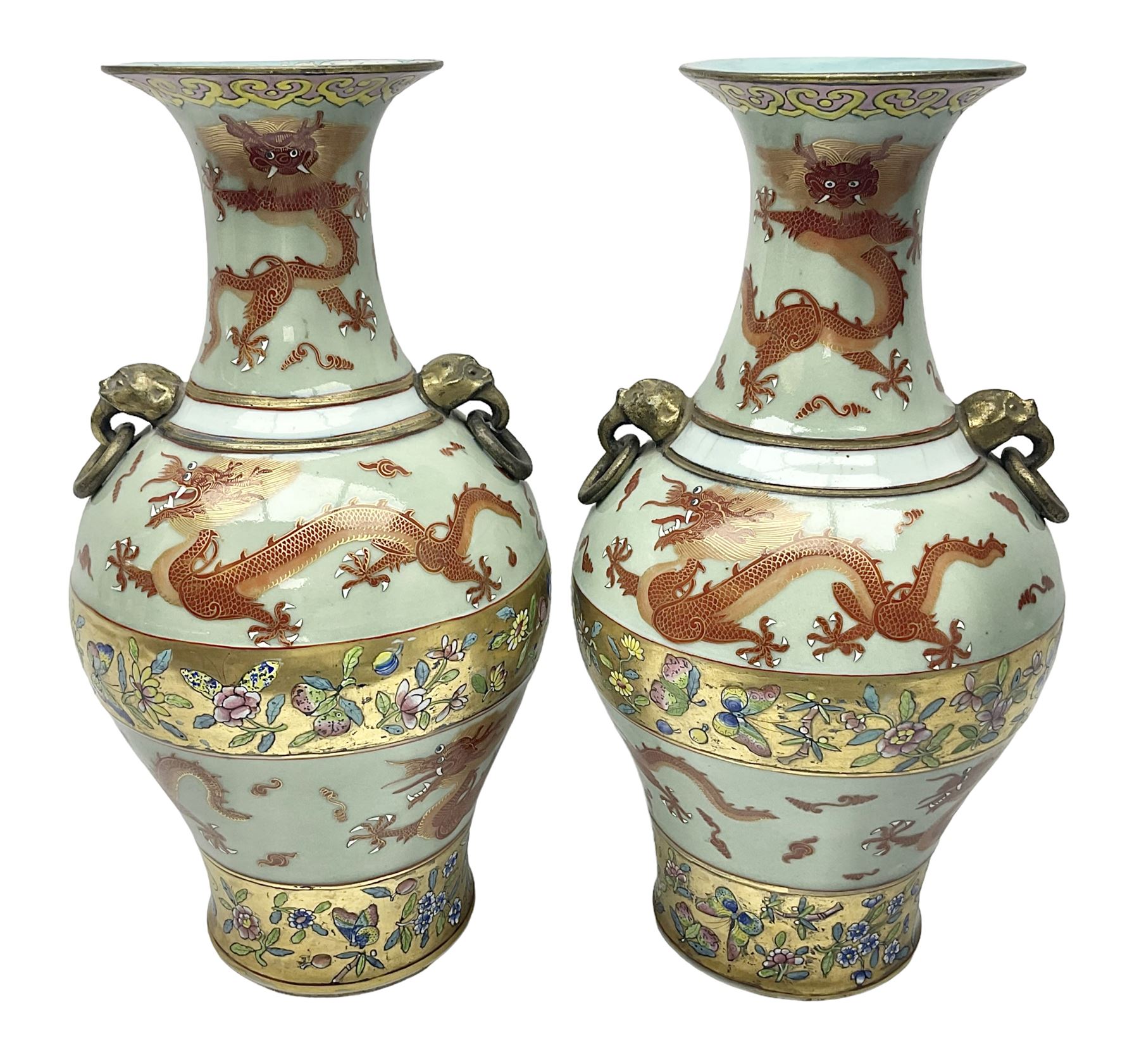 Pair of early 20th century Chinese vases decorated with dragons chasing a flaming pearl, with a gilt border of butterflies and floral sprigs, with Elephant head handles, H44cm 