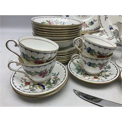 Aynsley Pembroke pattern tea and dinner service for eight, comprising eight dinner plates, two lidded tureens, ten teacups, eight saucers and tea plates, eight side plates, two cake plates, teapot, lidded sucrier, jug, sauce boat and oval serving plate