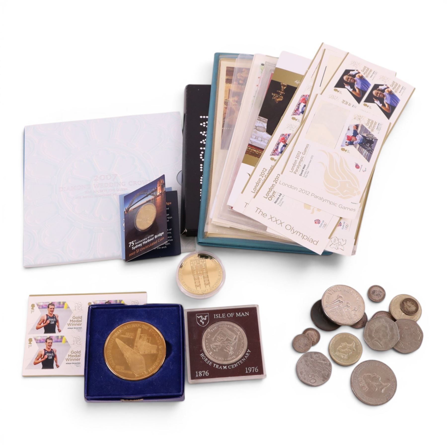 Mainly Great British coins, including 'London 2012 Silver Coin and Ingot Set', two further commemorative silver crowns with certificates, approximately 12 grams of pre-1920 silver coins, commemorative crowns, etc