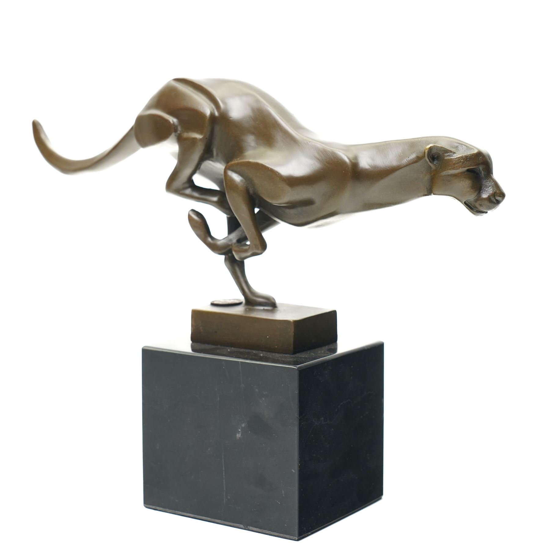 Bronze figure of running cheetah, upon a rectangular marble base, signed and with foundry mark, H20cm