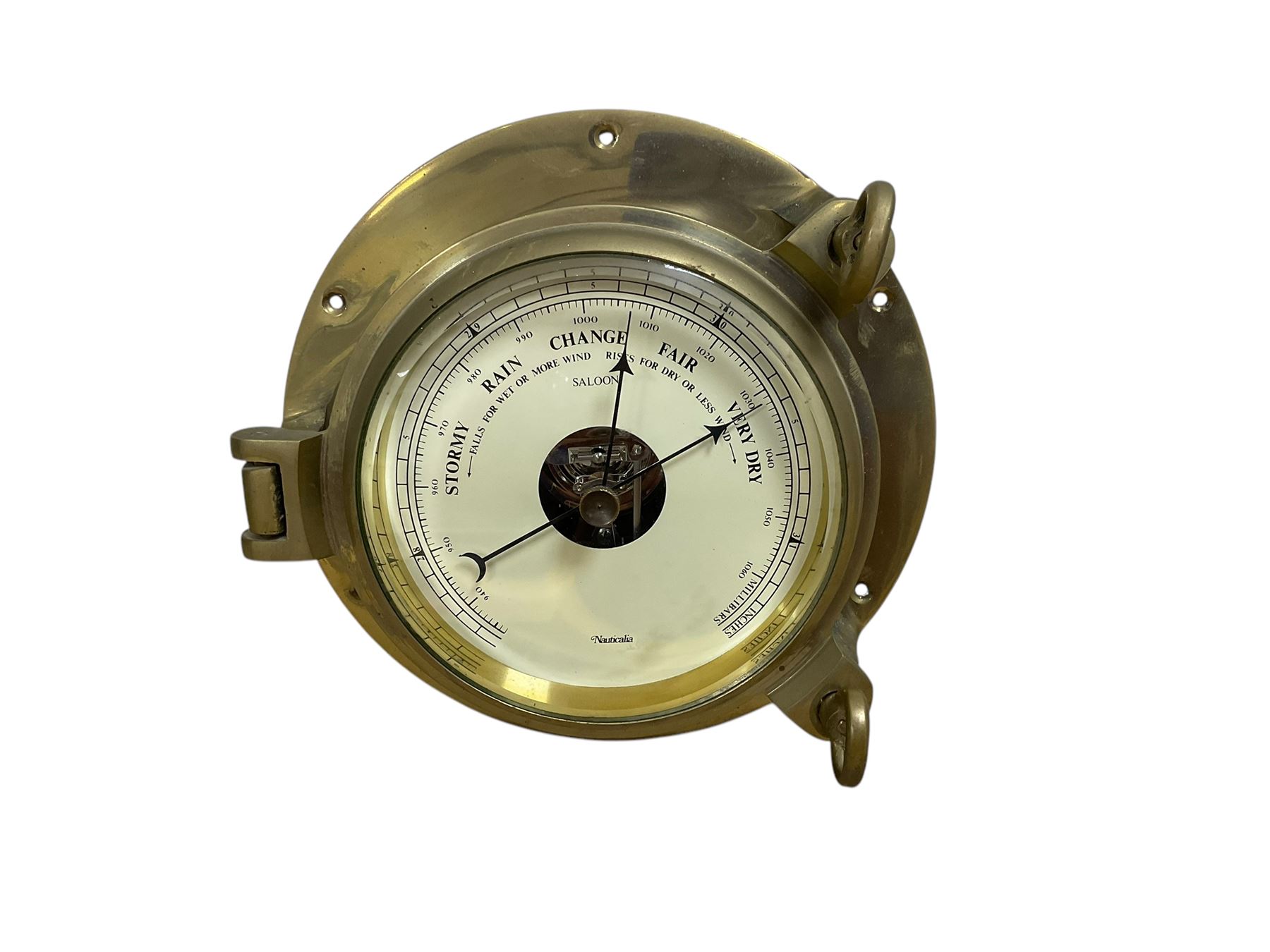 20th century Nauticalia aneroid barometer and a 1950’s hanging wall clock in a rectangular mahogany case, spring wound and set from the rear.