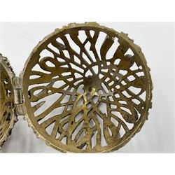 Modern silver limited edition Easter egg, no. 70/500, the gilt openwork body decorated with cascading bluebells and hinged cover with pierced circular panel set with a single faceted purple stone, opening to reveal a gilt interior, upon silver stand with three scrolling pad feet, each hallmarked St James House Company, London 1981, height including stand 8cm