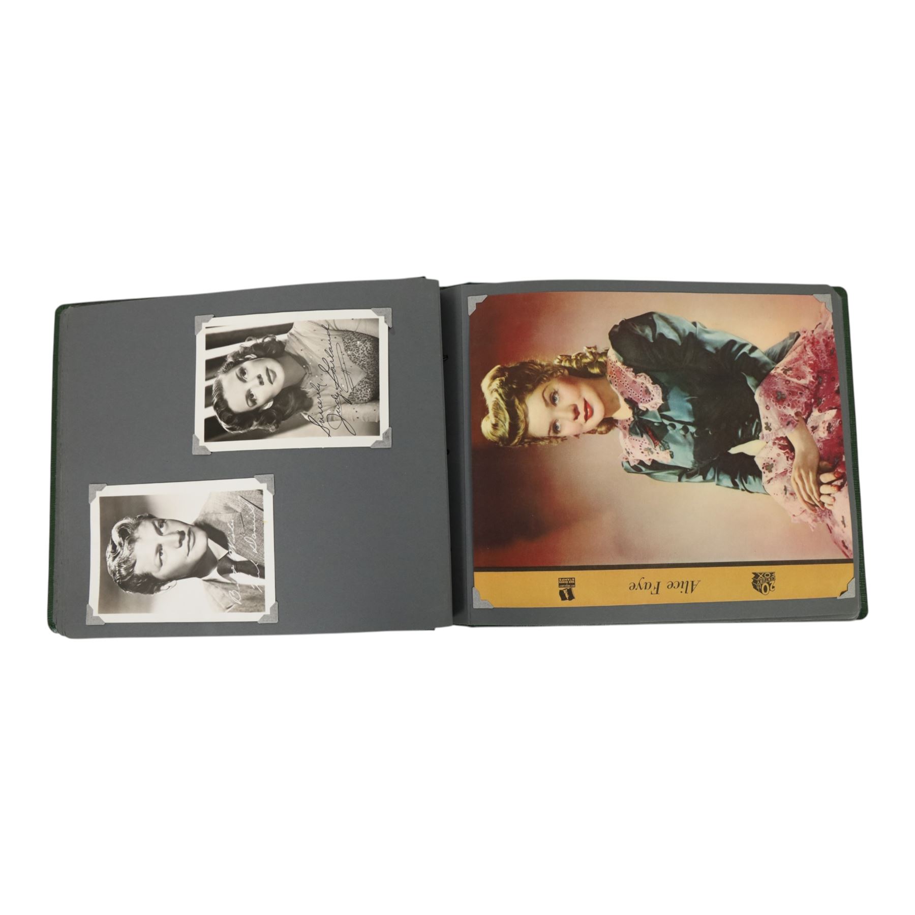 Collection of photographs and postcards, mostly depicting 1940s film stars, including some autographed examples and some with printed signatures, together with a collection of Shirley Temple  promotional photographs,1930s autograph album and postcards of the Royal Family