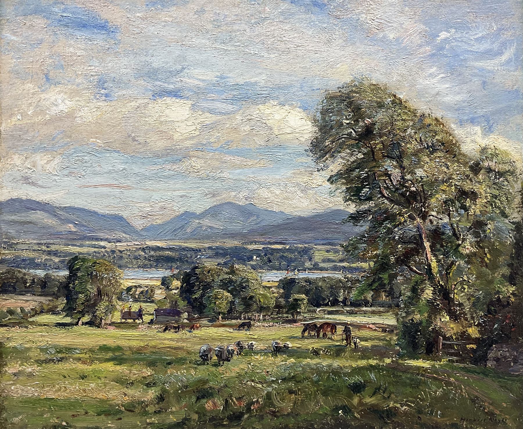 Herbert F Royle (British 1870-1958): Pastoral River Valley with Sheep and Horses Grazing, oil on canvas signed 50cm x 60cm