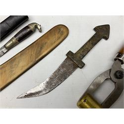 Assorted militaria including ten leather or canvas cartridge and other belts, maroon beret with 17th Lancers cap badge, modern bullet mould, leather and brass shot flask, two knives, shell cases, boomerang etc; in tin deed box