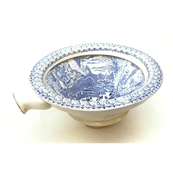 Victorian blue and white transfer printed toilet bowl, the interior decorated with a landscape scene, L50cm 