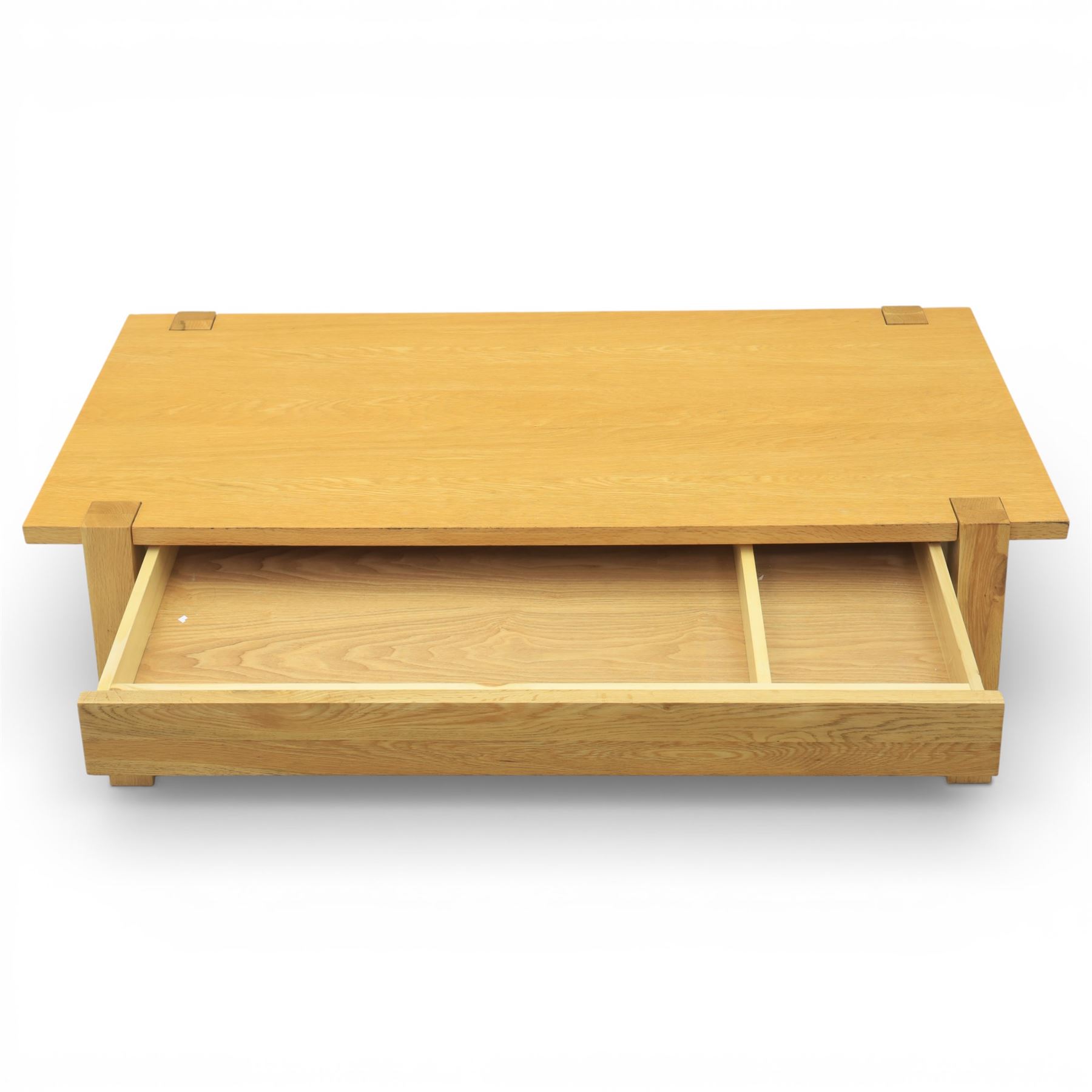 Contemporary light oak coffee table, rectangular with single draw beneath